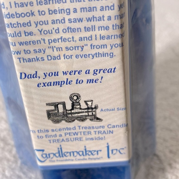 Vintage Blue Fathers Day Candle With Pewter Train Treasure Inside Candle - Picture 5 of 12